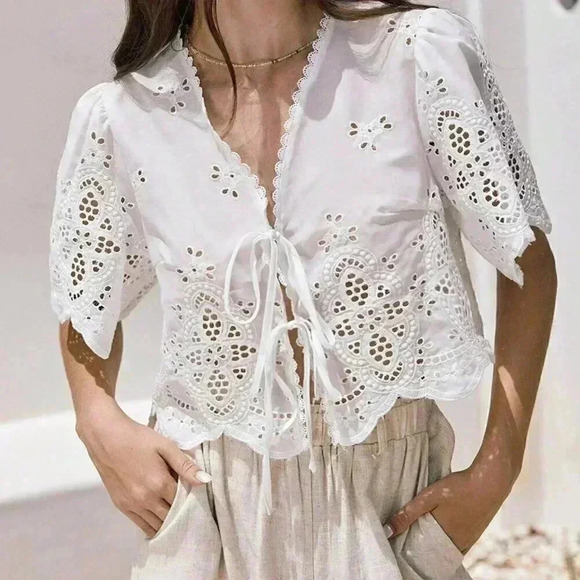 White Boho Women's Summer Ruffle Sleeve Embroidery Fabric Lace Up Short Top - Picture 4 of 6